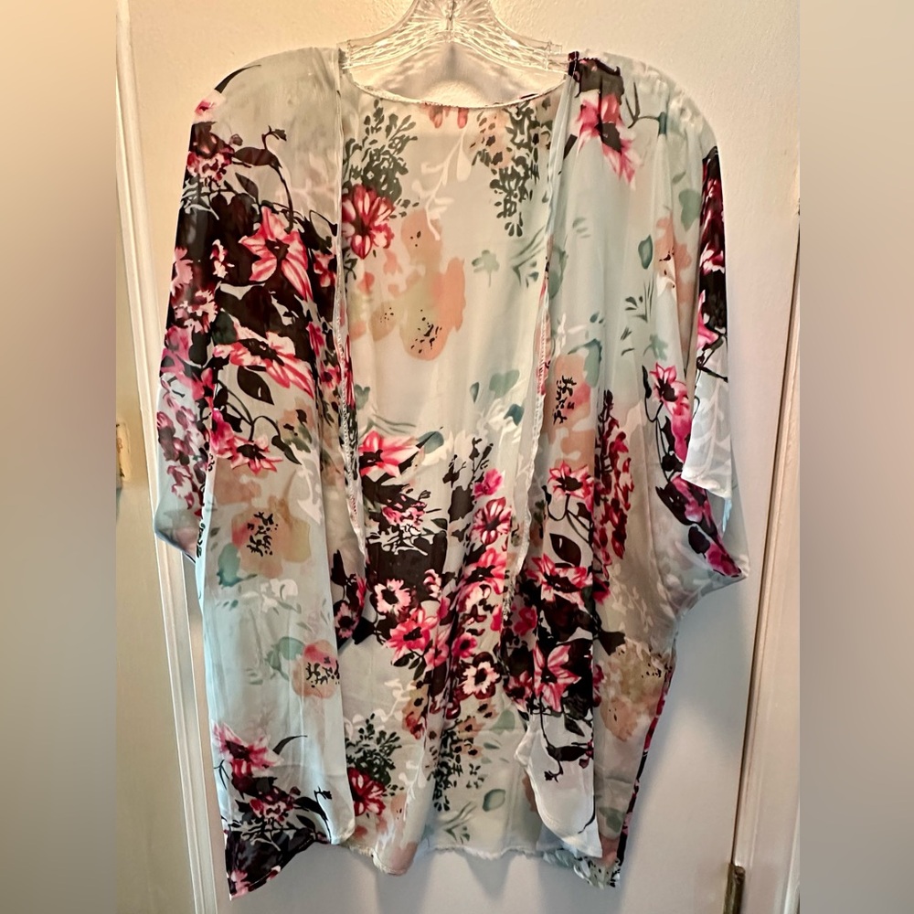Floral Chiffon Kimono Cover-Up in Mint and Pink